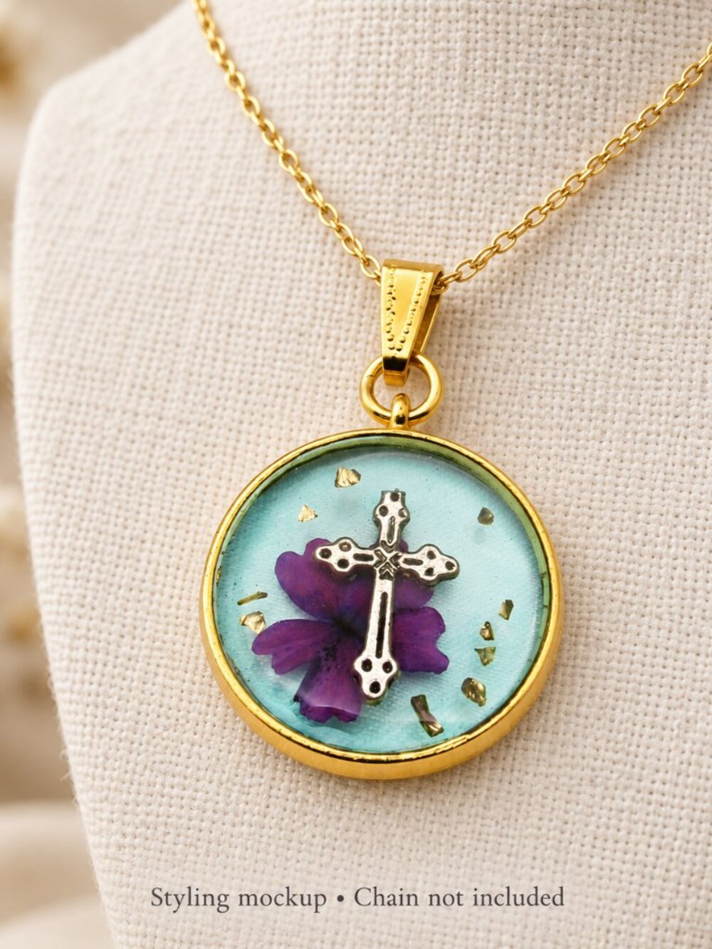 Handmade Purple Flower Cross Pendant – Aqua & Gold Tone